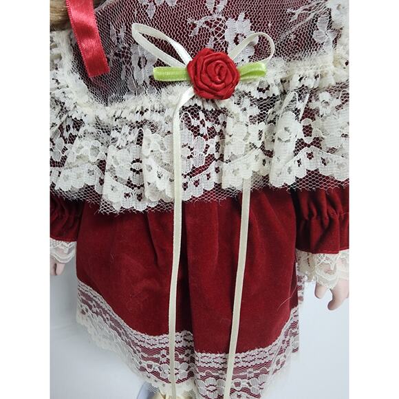 Vintage Tender Hearts Porcelain Doll No. 594 Red Velvet Lace Dress w/ Stand - Picture 9 of 10